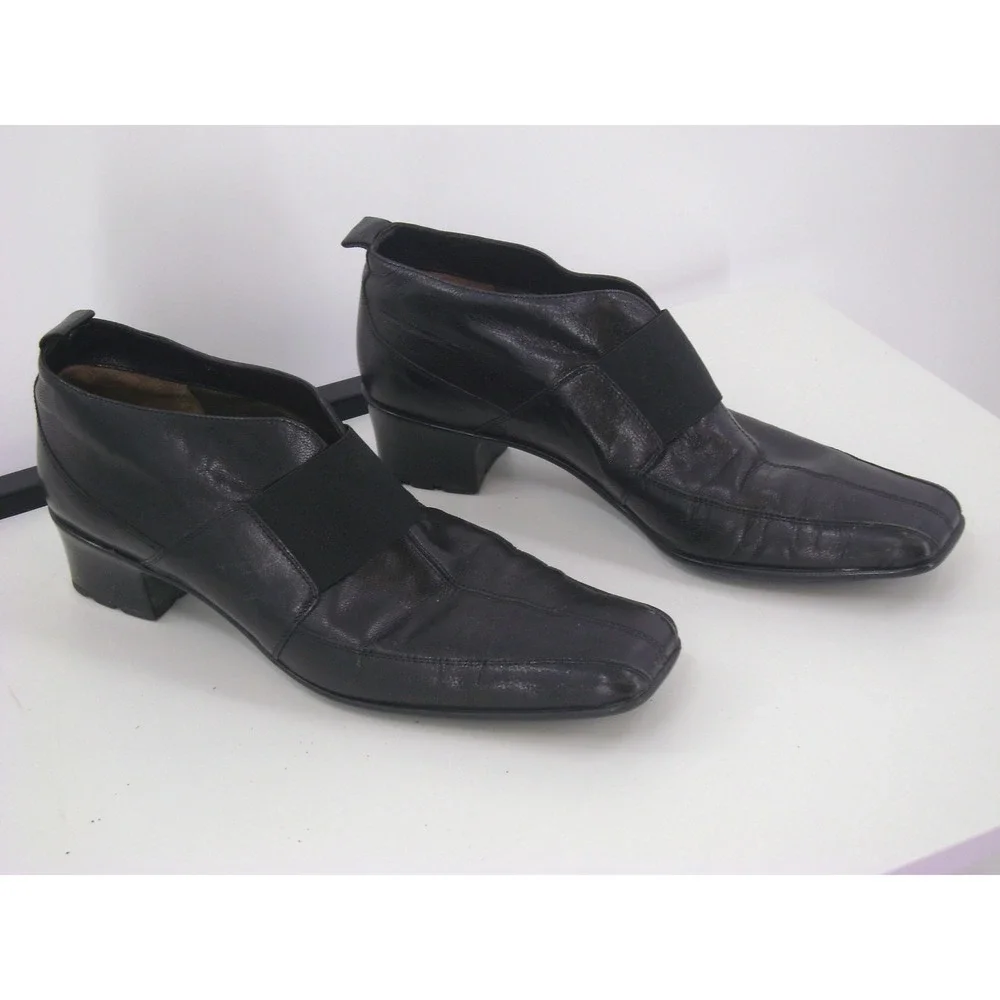 Sesto Meucci Womens Black‎ Leather Slip On Shoe Square Toe Elastic Band Low Heel